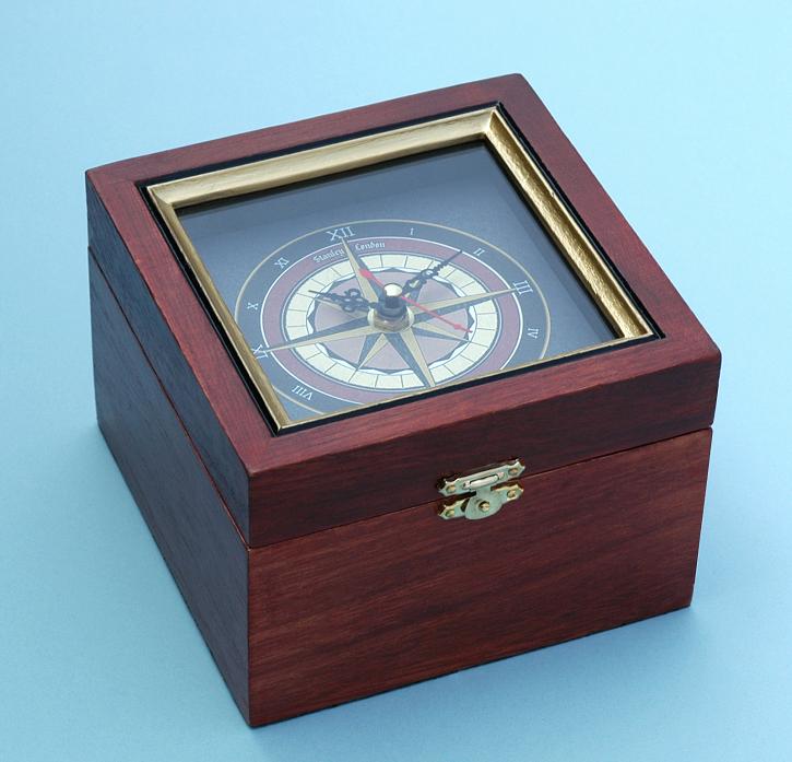 Stanley London Nautical Compass Rose Clock in Wooden Box
